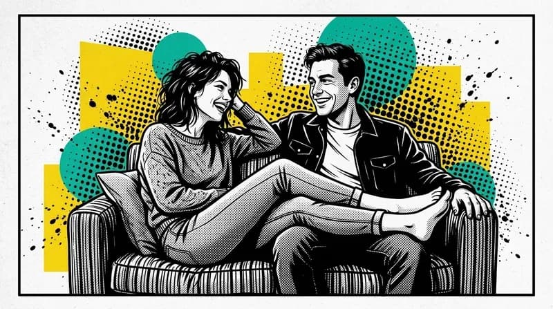 A couple laughing together on a couch, relaxed and playful, with colorful abstract shapes around them