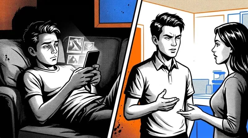 Young man on a couch staring at his phone, with a split image beside him showing a real woman he's looking at with narrowed, evaluating eyes