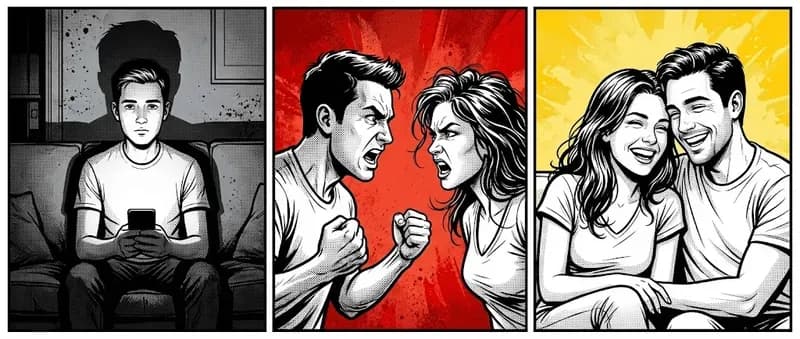 Three-panel comic strip showing a man alone on a couch looking flat, then a couple mid-argument with raw emotion, then the same couple laughing and close together