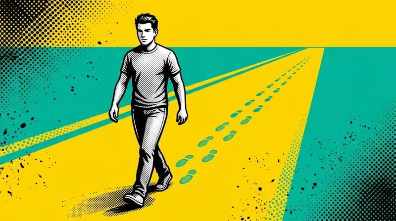 Man walking purposefully down a long road, clear footprints visible behind him marking each step taken
