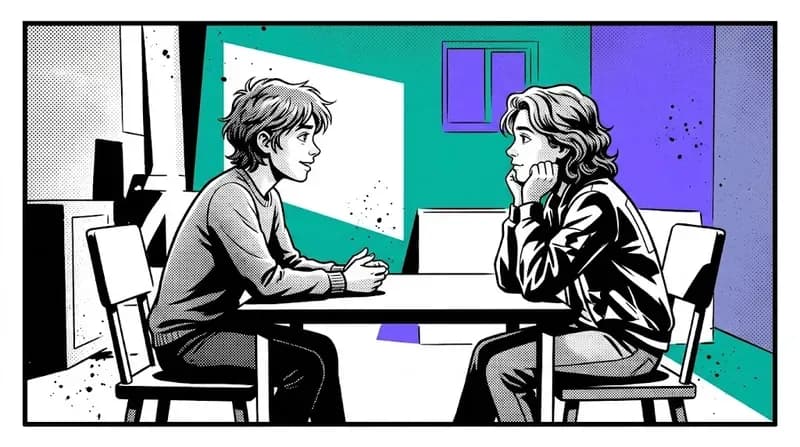 Two people sitting face to face in a sparse room, no phones in sight, one listening intently while the other speaks in genuine mutual presence