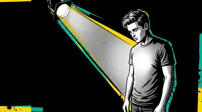 Young man in darkness with a bright spotlight beam aimed inward at his own chest, comic book style