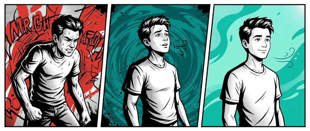 Three stages of recovery, from highly stressed out to at peace