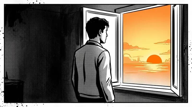 Young man standing at an open window at sunrise looking outward, calm and contemplative, leaving darkness behind