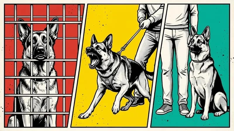 Three separate scenes each showing a different German Shepherd: caged, on a leash with one handler, and calmly sitting with a different handler