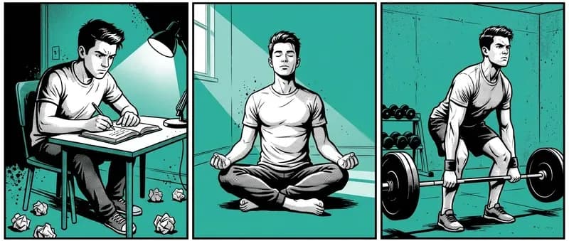 Three panel strip showing a man writing in a journal, sitting in a breathing posture, and mid-lift at the gym