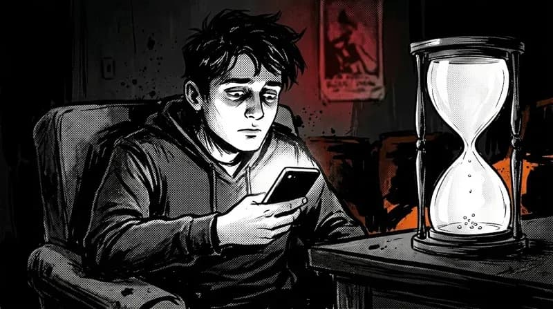 Young man staring at a glowing phone screen with a large hourglass nearly empty beside him in a dark room