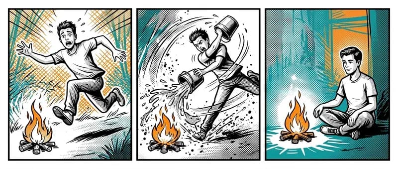 Three-panel strip showing a man fleeing from a small fire, then fighting it, then calmly sitting beside it