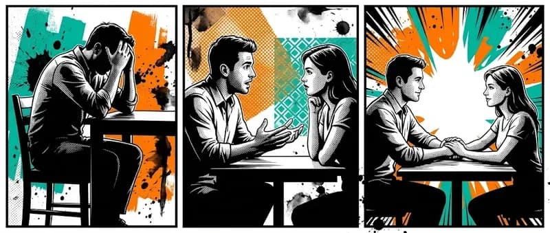 A man and woman sitting close together at a kitchen table having an earnest conversation