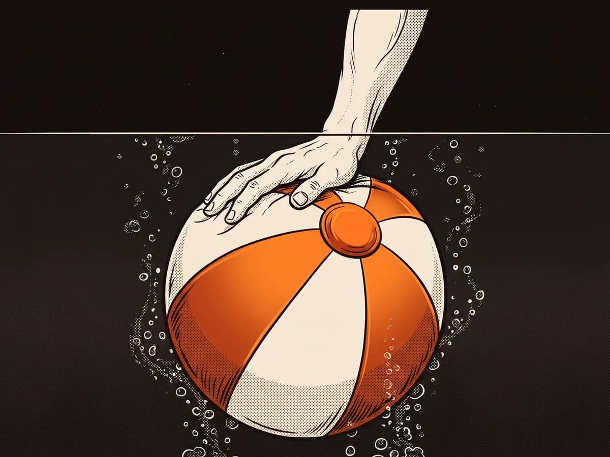 Illustration: a hand holds a striped beach ball under the water while it strains to float back up.