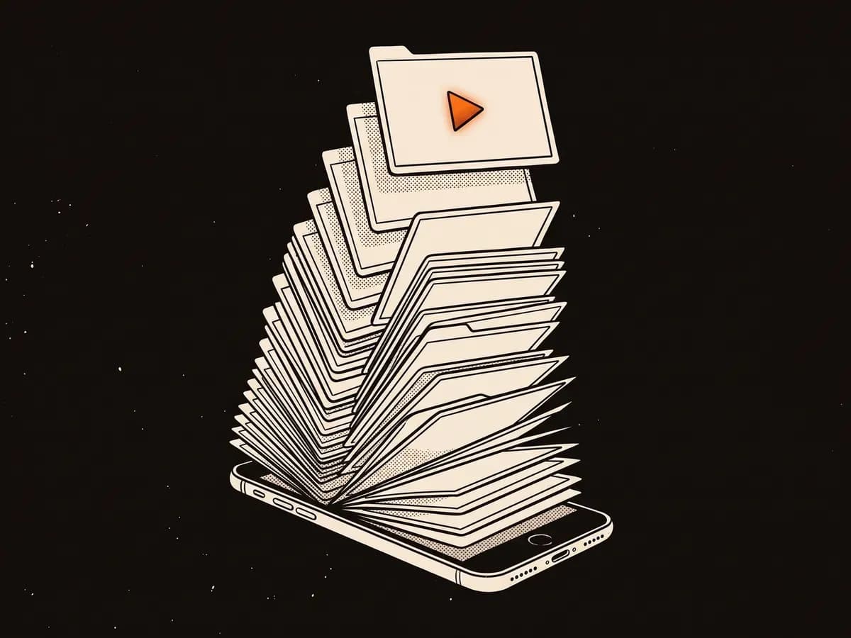 Illustration: a tall fan of blank tabs rising out of a phone screen, with one glowing play button on the topmost tab.