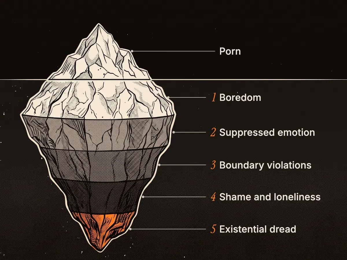 Iceberg illustration: porn is the tip. Under the water: 1 Boredom, 2 Suppressed emotion, 3 Boundary violations, 4 Shame and loneliness, 5 Existential dread.