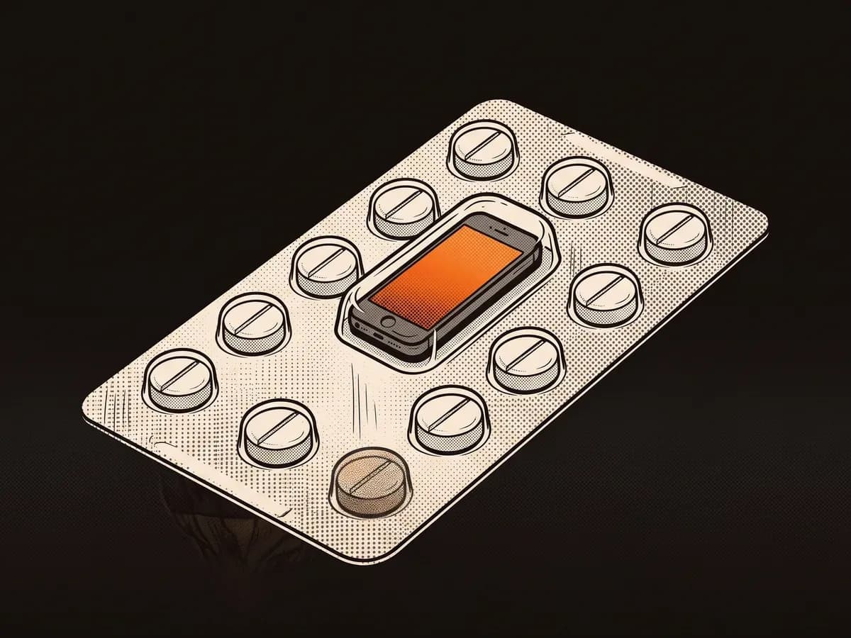 Illustration: a blister pack of painkillers with a glowing phone sealed in the middle bubble, like one more pill.