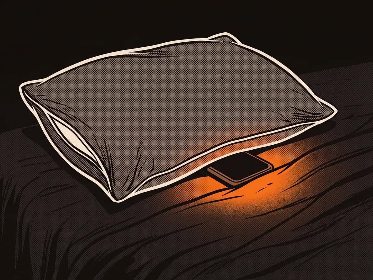 Illustration: a phone pushed under a pillow, its glow leaking out onto the sheet.