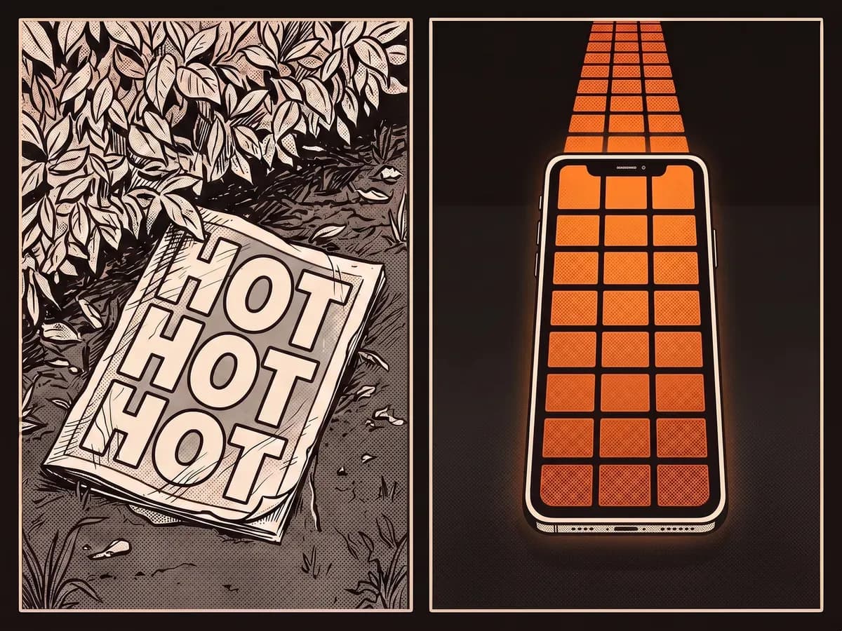 Two-panel illustration: an old magazine reading HOT HOT HOT lies under a hedge, and next to it a phone whose screen of glowing tiles runs off into the distance.