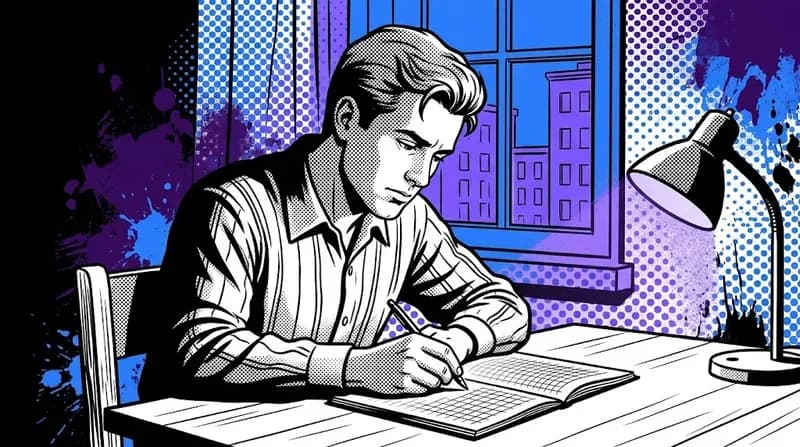 Young man sitting at a plain desk writing intently in an open notebook with a focused and contemplative expression