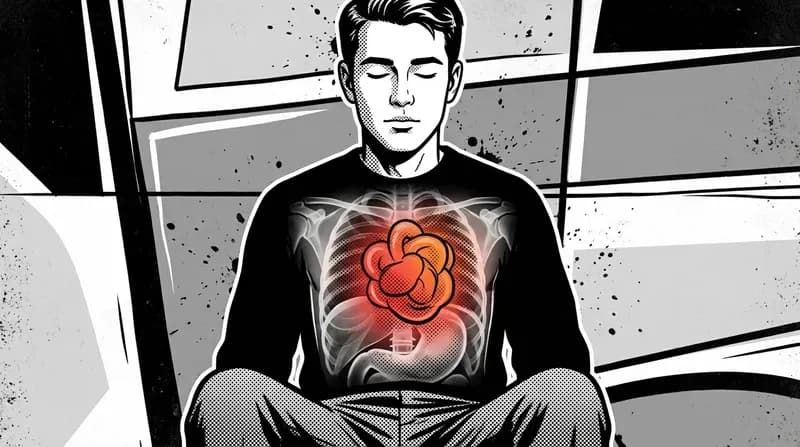 Young man sitting with eyes closed while a translucent X-ray-style illustration of a tight knot or tension cloud glows in his chest and stomach area