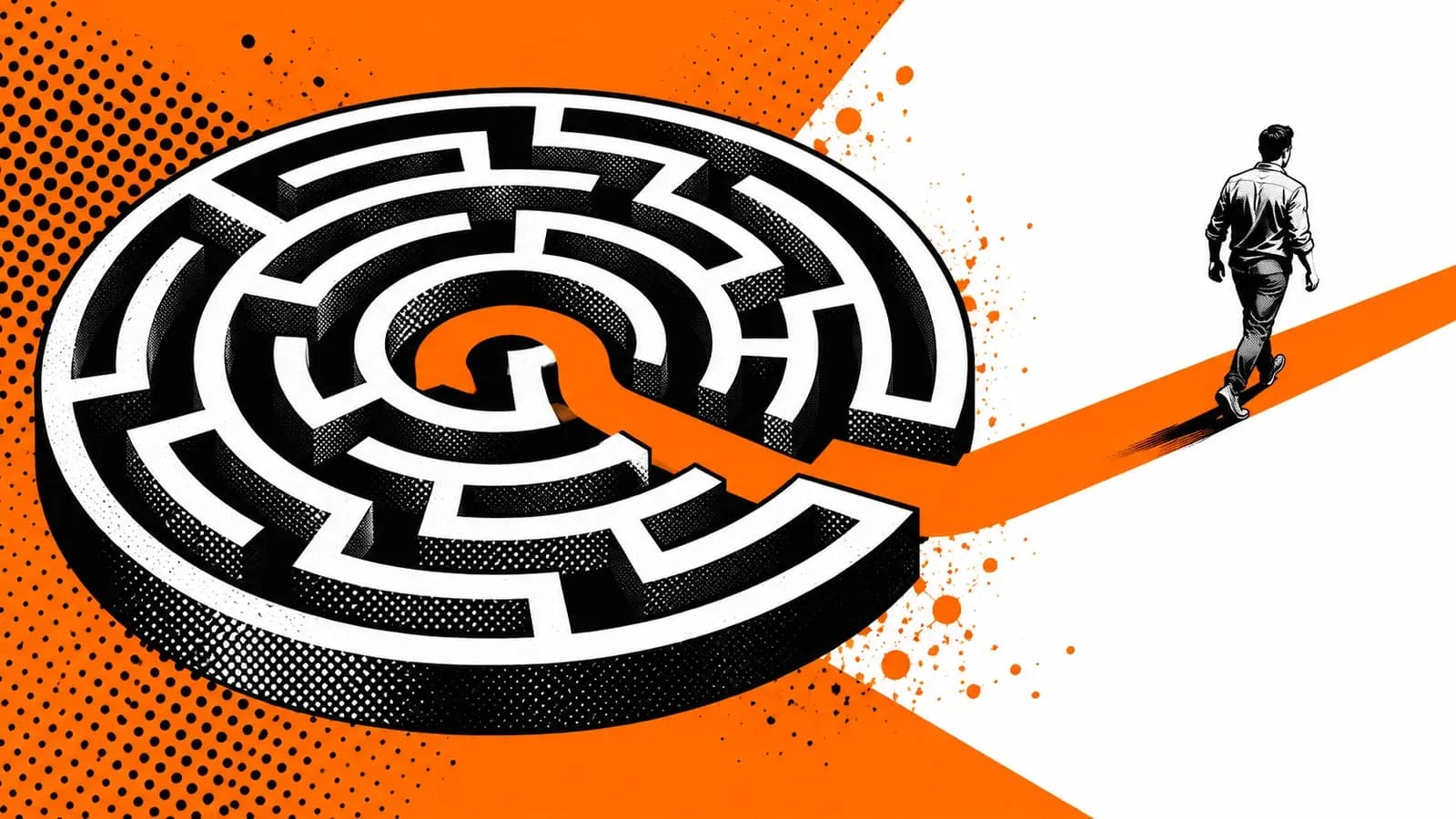 An orange path leads out of an opening in a circular maze.