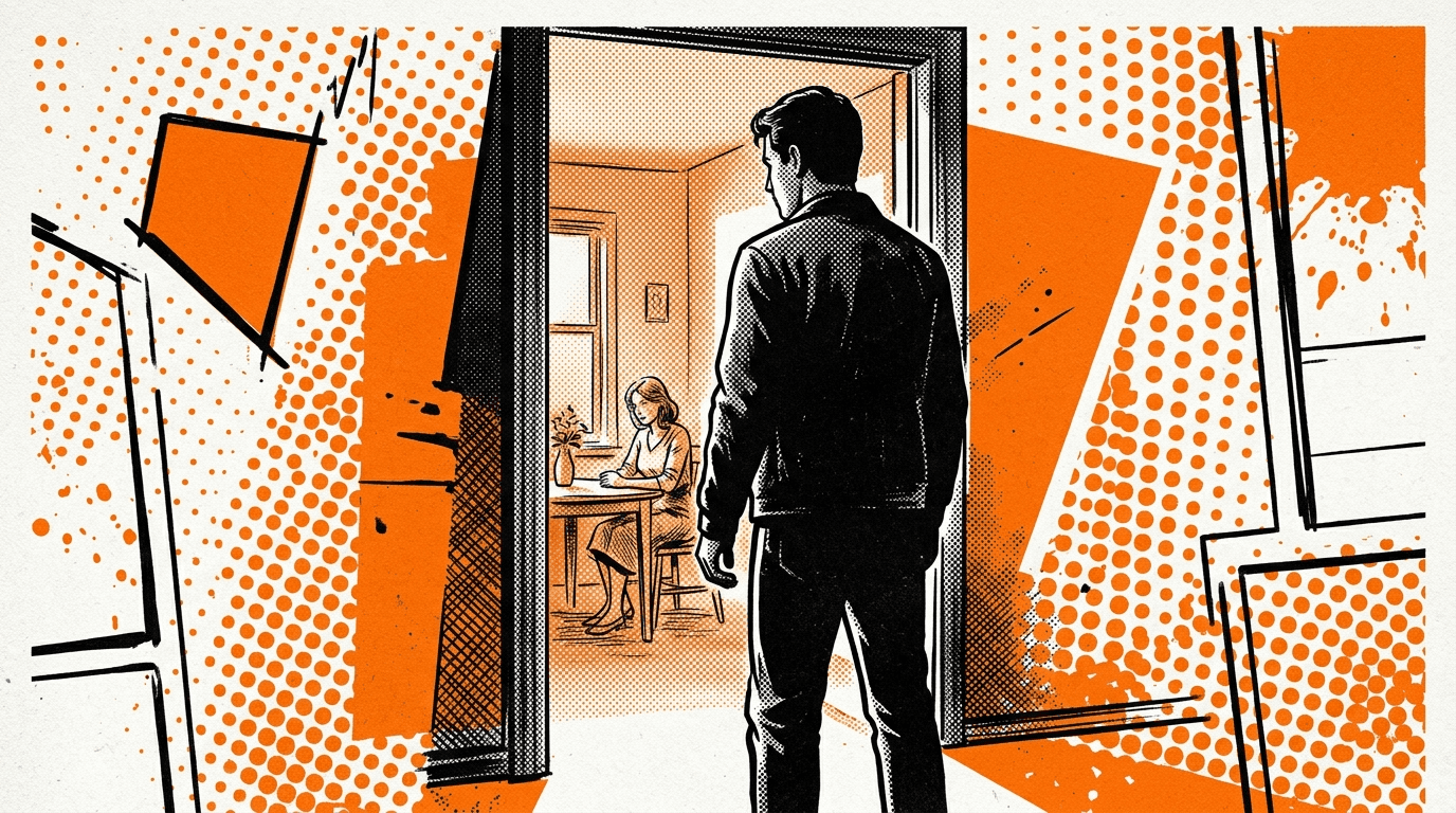 Man standing in the doorway looking towards his wife