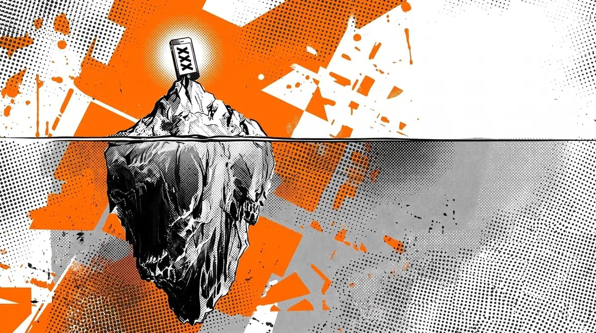 Pop-art illustration of an iceberg: a phone showing XXX glows on its small tip, above a huge dark mass under the water.