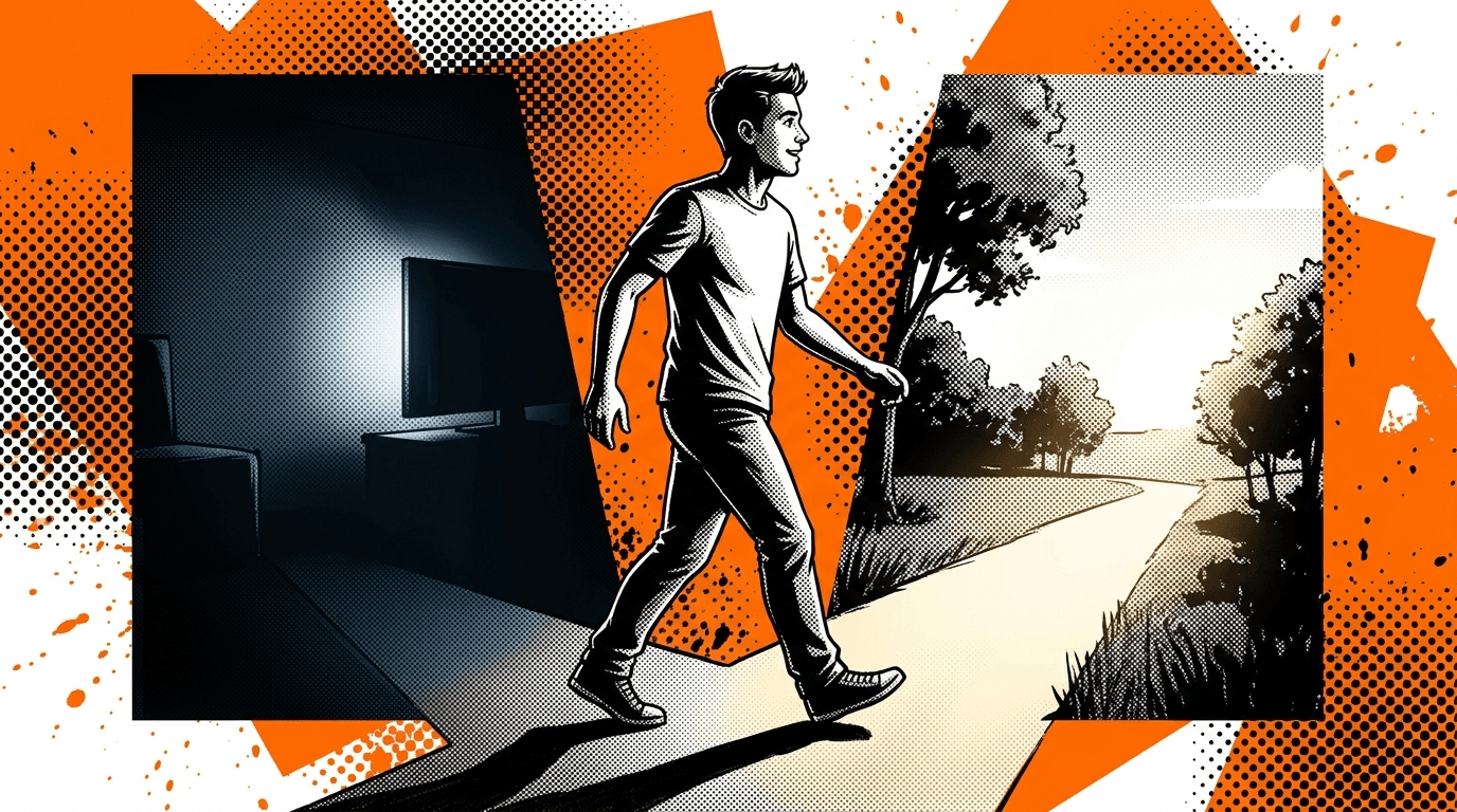 Young man standing at a crossroads between a dark screen-lit room and a sunlit outdoor path