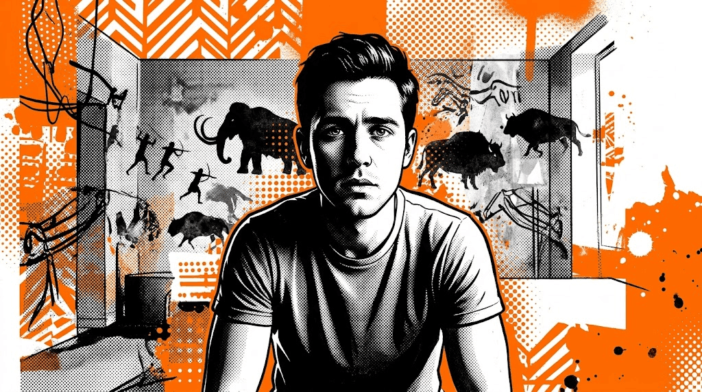 A young man with a worried expression, ancient cave paintings in the background