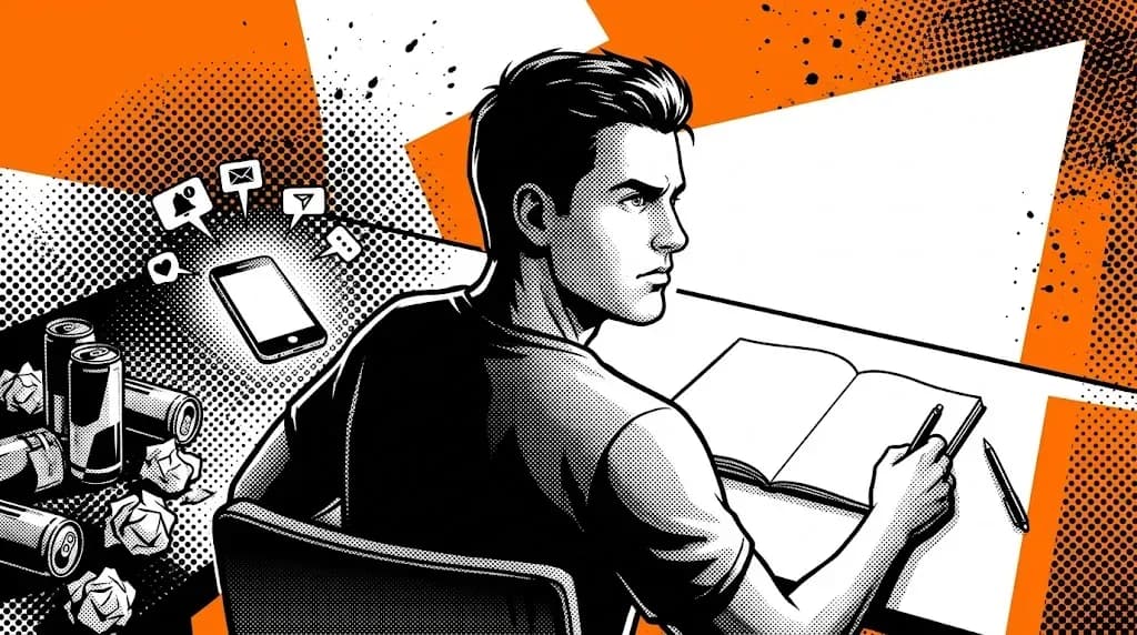 Young man sitting at a cluttered desk looking away from a glowing phone toward a blank notebook
