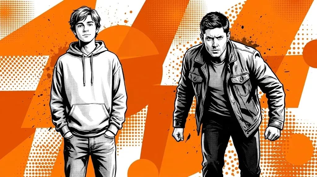 Two contrasting male figures side by side, one a relaxed teenager and one a determined man in his late twenties with visible purposeful effort