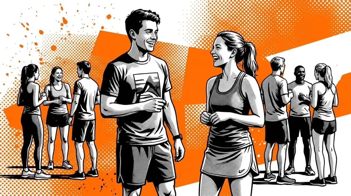 Young man standing at a social gathering, engaged in easy conversation with a woman, both relaxed and laughing with no romantic tension visible