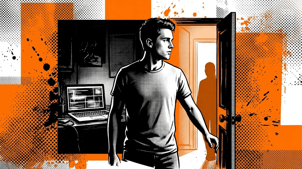 A young man standing at the threshold between a dark room with a glowing screen and an open doorway with warm light and a second figure visible