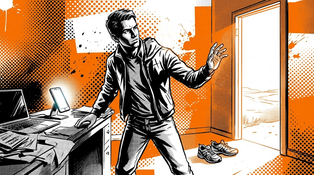 Young man standing at a split decision between his glowing phone and a pair of running shoes beside an open door