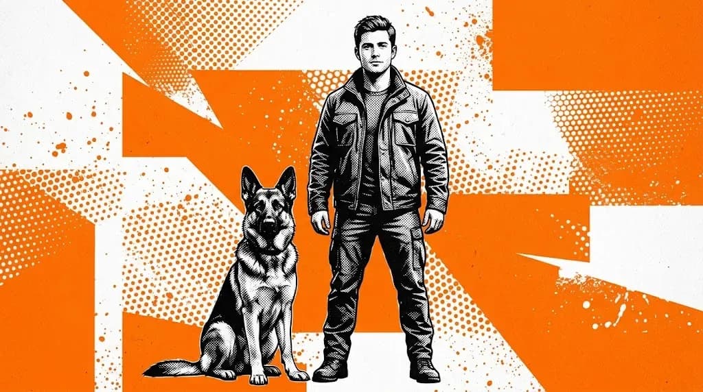 A young man standing calmly beside a trained German Shepherd, both composed and powerful against a bold orange background
