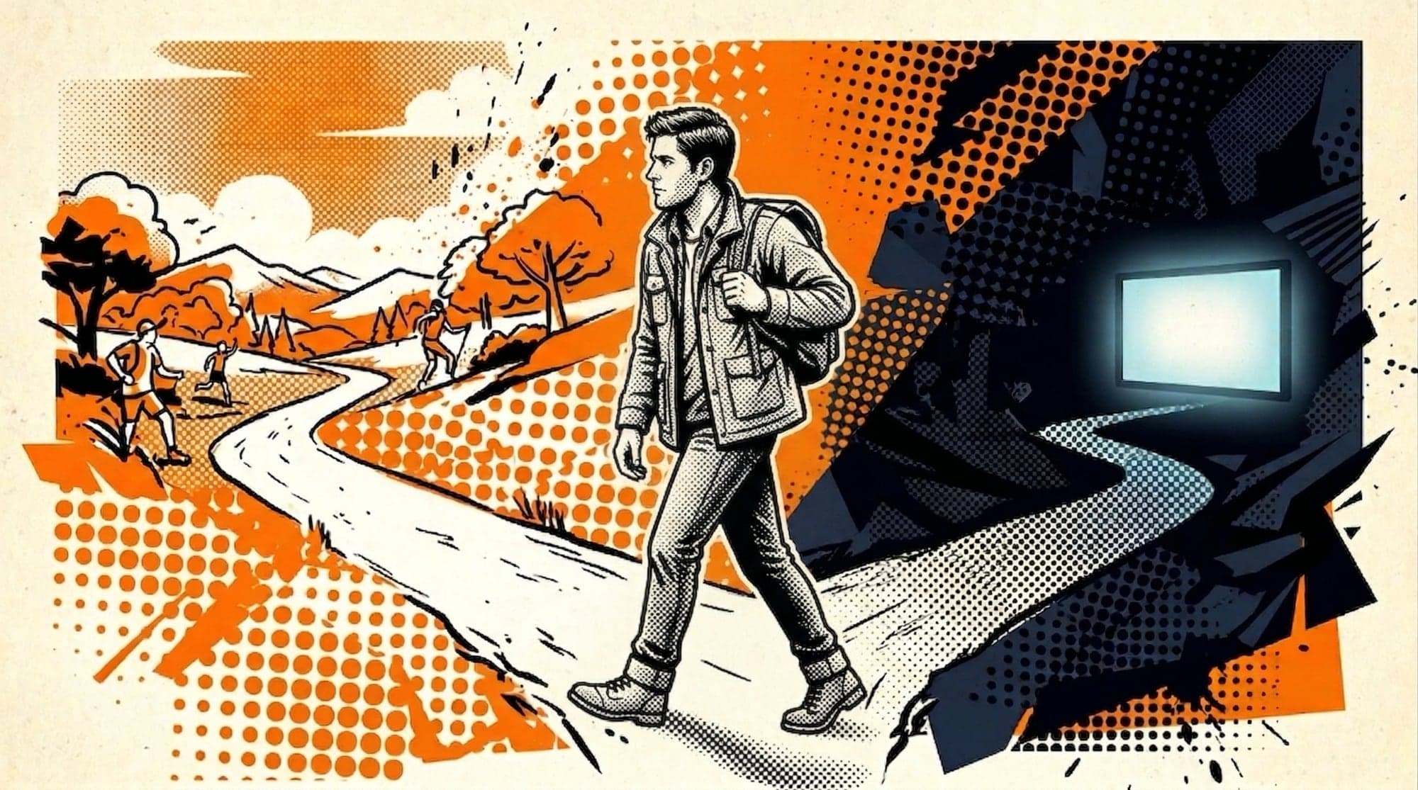 A young man standing at a fork in a road, one path leading toward daylight and an active city, the other descending into a dark room with a glowing screen