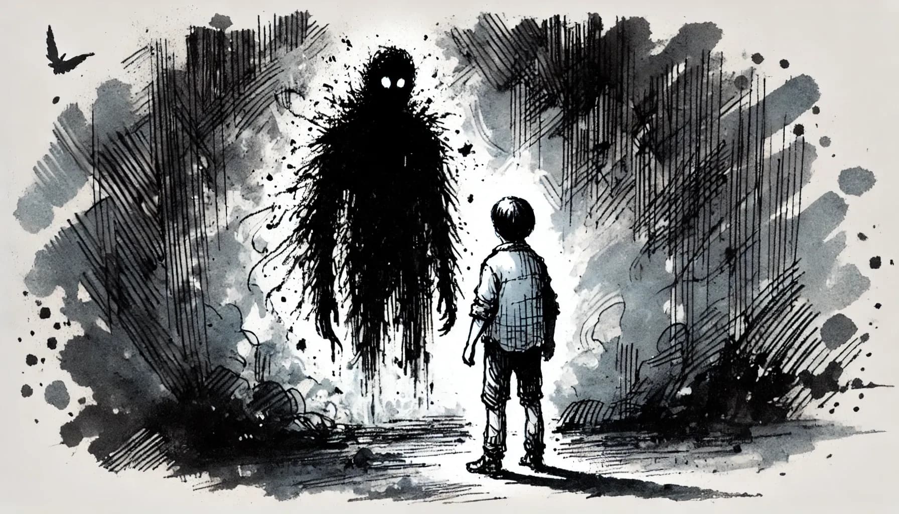 Young boy facing his shadow