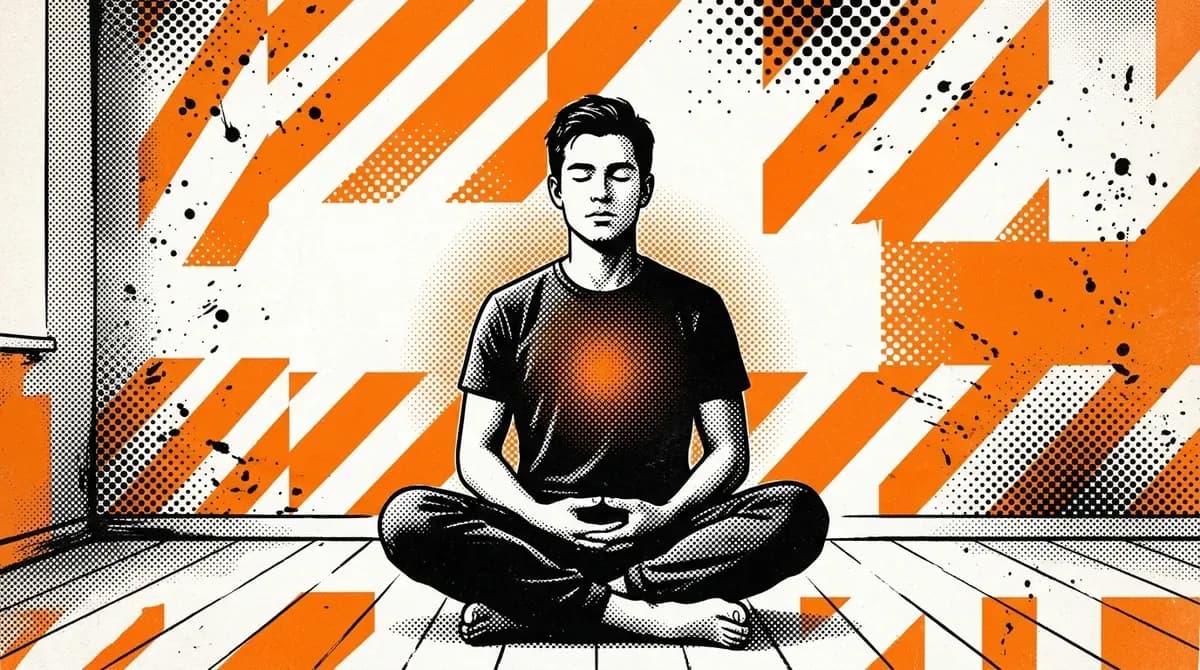 Young man sitting cross-legged on the floor in a bare room, eyes closed, with a faint inner glow radiating from his chest