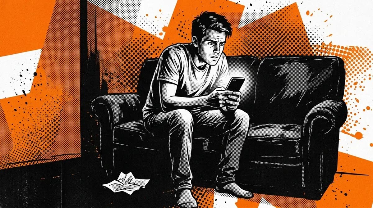 Young man sitting slumped on a couch staring at his glowing phone in near-darkness, the phone light the only illumination in the room