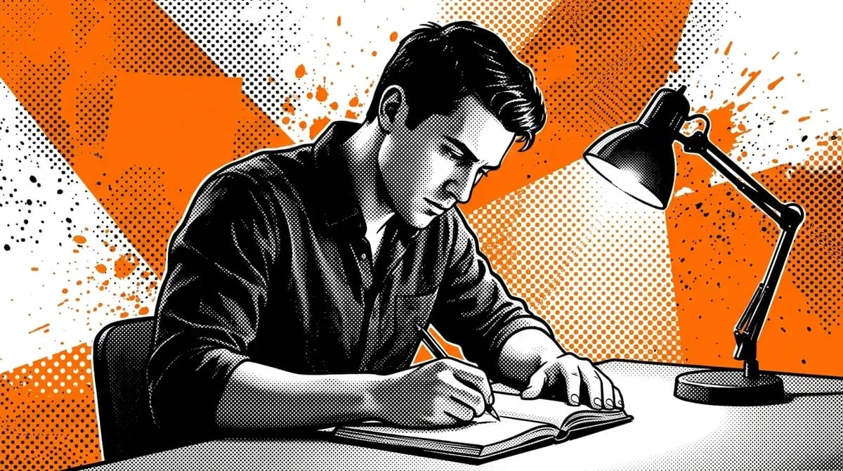 Young man sitting at a desk writing in a journal with a focused determined expression in a lit room