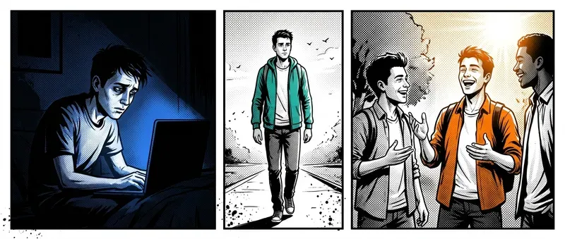 A man alone at a screen in darkness transforms across three panels into someone walking outside and laughing with friends