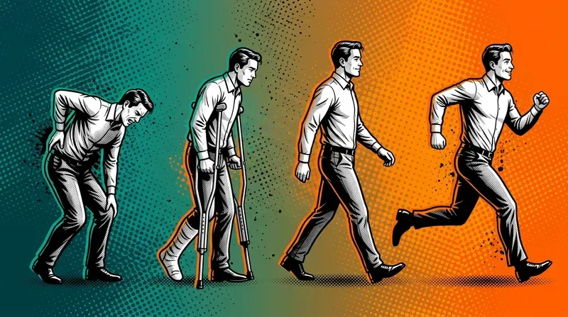 A visual spectrum of a man moving from hunched and broken on the left to running freely on the right