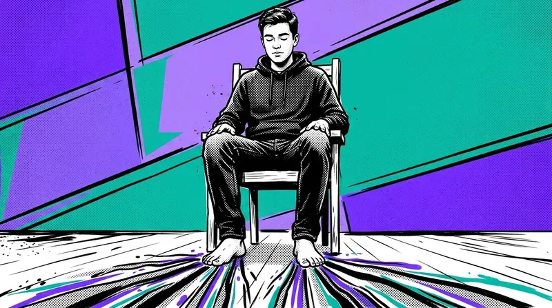 Young man pressing his feet into the ground with intense focus while seated, eyes closed