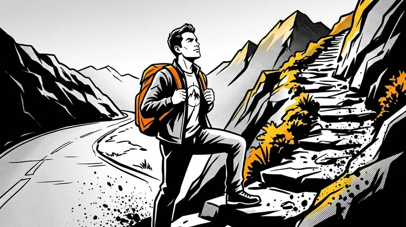 A man strides purposefully toward a steep mountain trail while a comfortable road curves away behind him