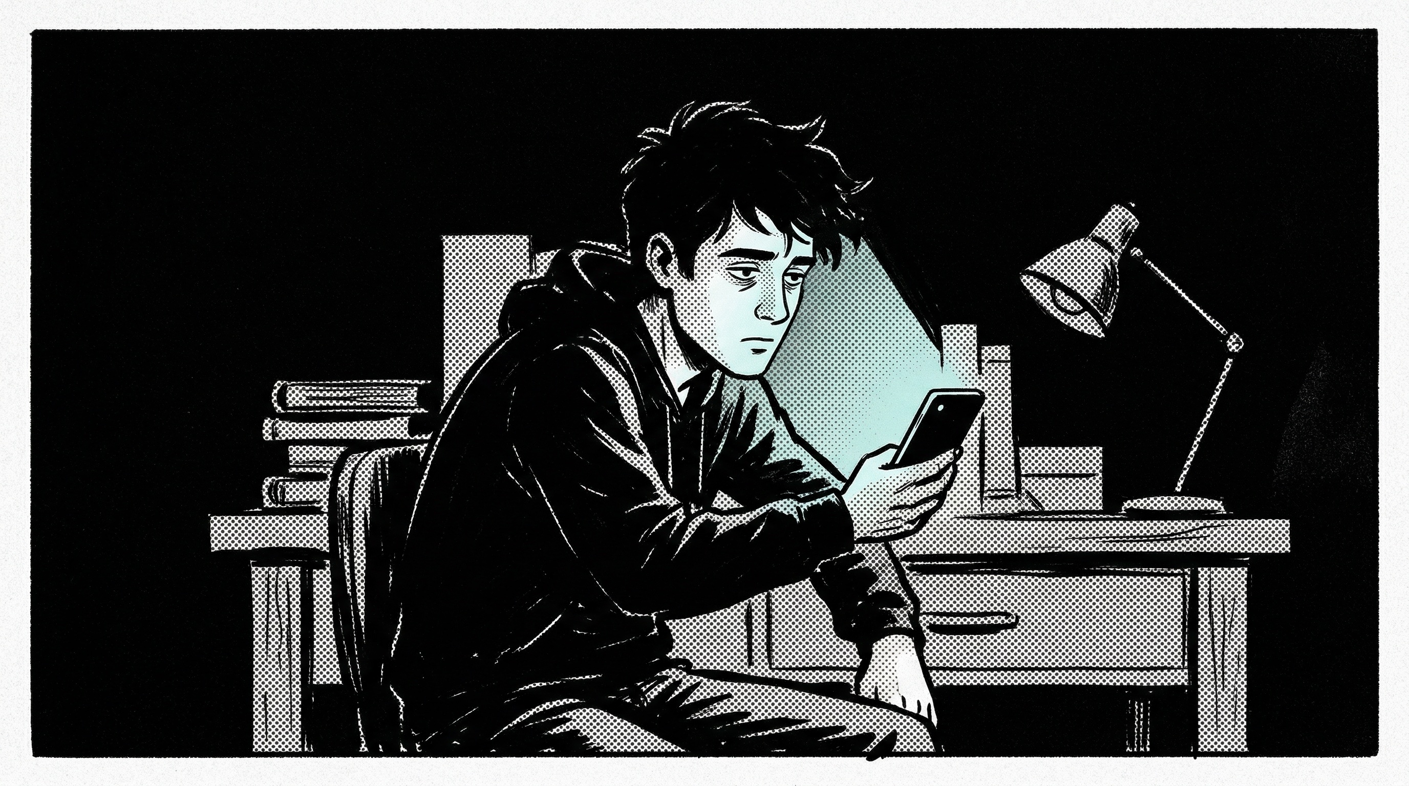 Young man staring at his phone with an exhausted look
