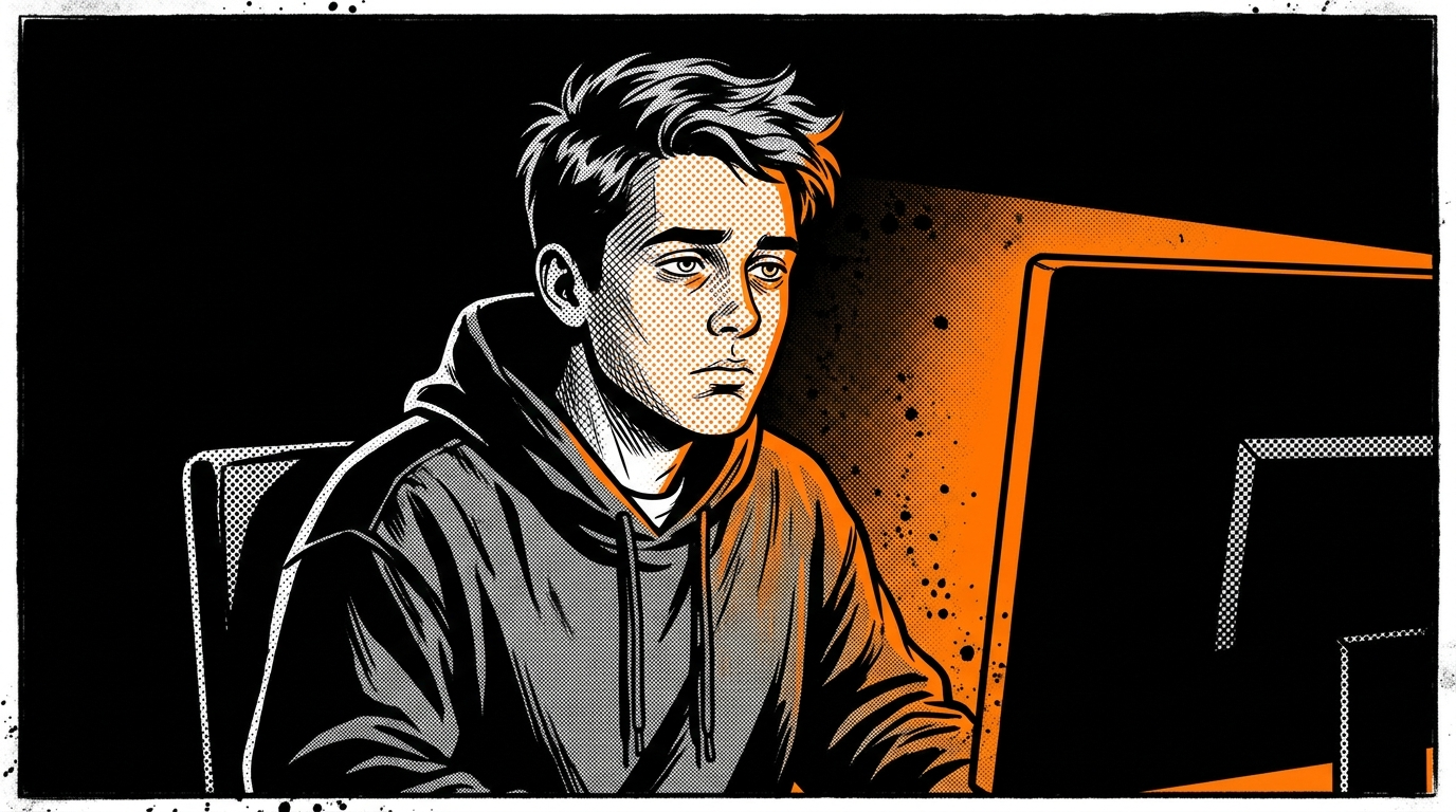 Lonely guy staring at a computer screen