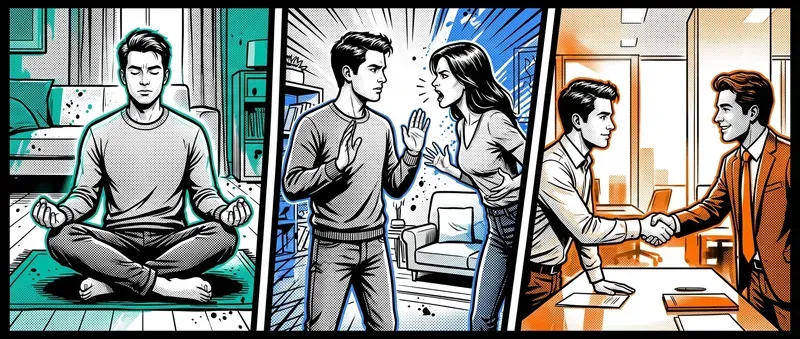 Triptych showing the same man using the technique during an urge, a relationship argument, and a job negotiation