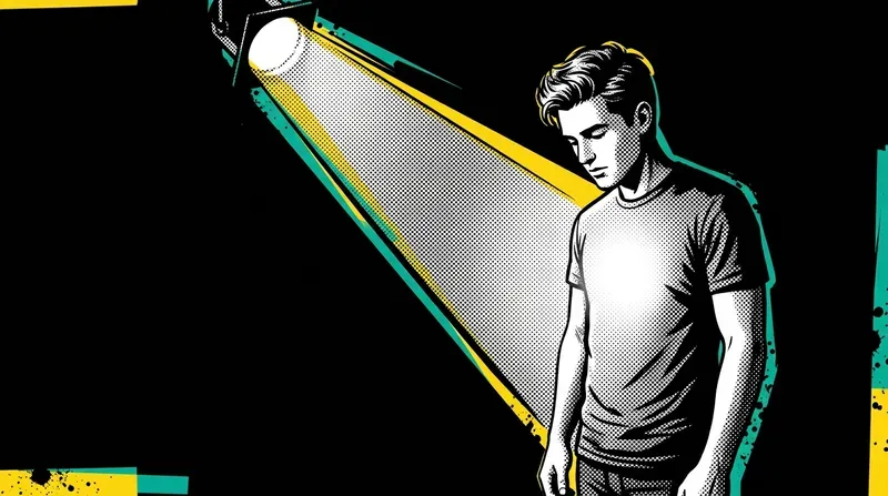 Young man in darkness with a bright spotlight beam aimed inward at his own chest, comic book style