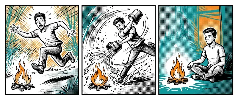 Three-panel strip showing a man fleeing from a small fire, then fighting it, then calmly sitting beside it