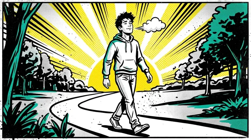 A man walks on a sunlit outdoor path with a relaxed stride and his head lifted